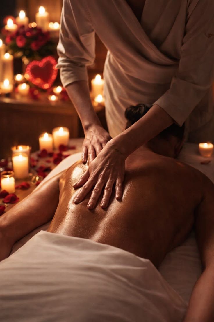 Warm spa setting with towels, candles, and lotus